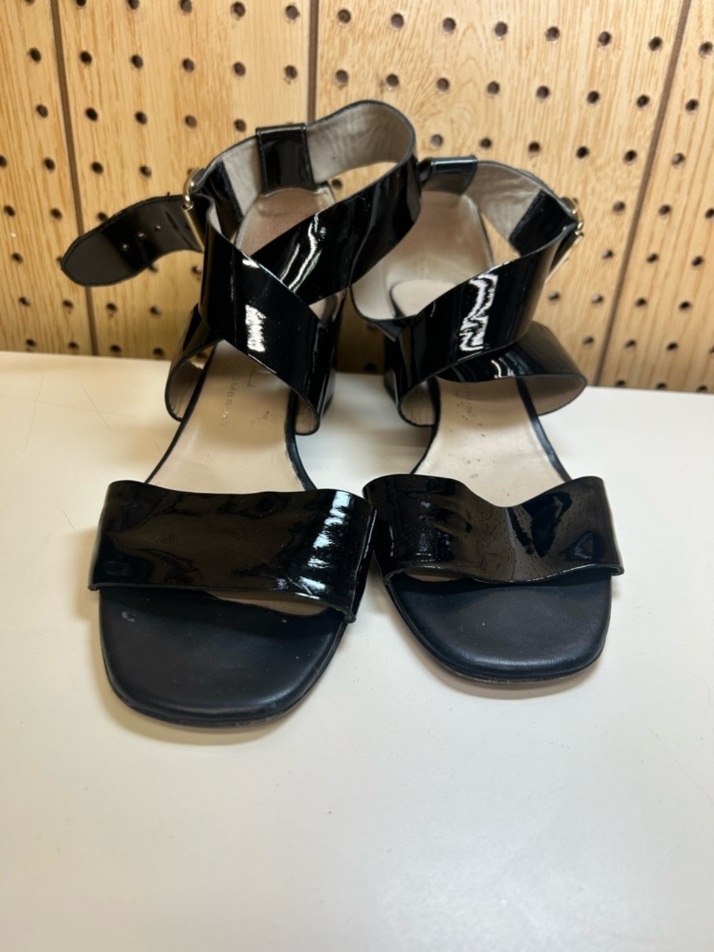 Agl Black Patent Crisscross Ankle Strap Sandals